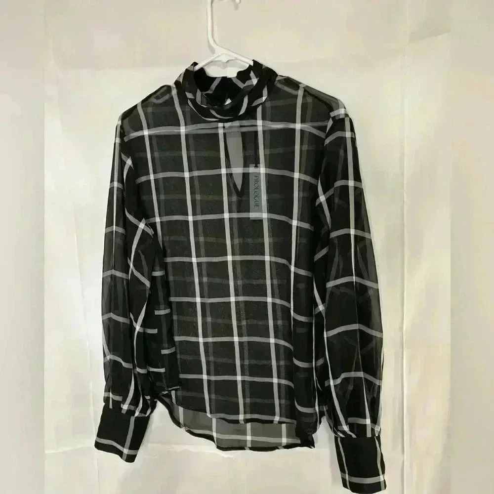 Windsor Black Plaid Sheer Mock Neck Blouse